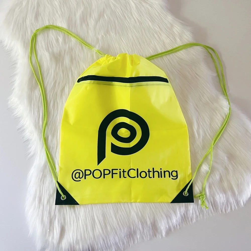 NWOT POP FIT Neon Yellow Black Drawstring Zipper Gym Bag Tote - Picture 3 of 7